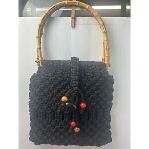 Macrame Handbag Black Bamboo Round‎ Wood Handles Boho Hippie Cottagecore Purse